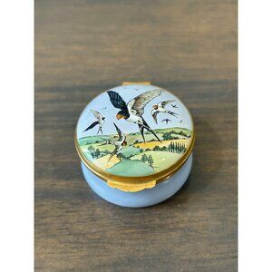 Crummles England Enamel Hinged Trinket Box Swallow Birds Painted Eggs in Nest in